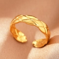 Bohemian gold stainless steel open ring featuring a quilted motif on silk fabric - Gold Quilted Pattern (C1479)