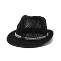 Classico cappello fedora in paglia nera con trama all'uncinetto e fascia decorativa a righe - M (56-58cm) / Nero