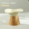 Cremeweiße Keramik-Katzen-Erhöhungsschale in Blütenform mit Holzständer Hochversion - Hoher Holzsockel (12.2cm) / Cremeweiß