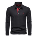 Dettaglio polo uomo a maniche lunghe con ricamo di cervo e colletto a contrasto in cotone - S / Nero Rosso