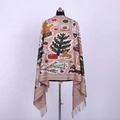 Detail of soft beige Christmas scarf featuring holiday trees, foxes and festive tassels - Beige - Christmas Tree Fox Gift