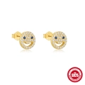 Minimalist S925 sterling silver golden smiley face stud earrings with blue and white crystals - Pave Blue Zirconia Smile Style (Gold #7)
