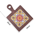 Square wooden trivet with vintage floral tile inlay and handle, 20cm x 14cm dimensions - Paulownia Wood Style 5