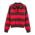 Pull polo en maille à rayures rouges et marron avec col en V et poignets côtelés rétro - S / Rayures Rouges et Café
