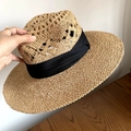 Classic straw boater hat with hollow-out weave and wide black ribbon for sun protection - Hollow Khaki Panama Hat - Black Ribbon
