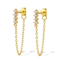 Detail view of gold chain earrings with four cubic zirconia stones in drop design - Gold-White Zircon