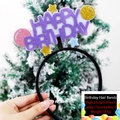 Purple Happy Birthday headband with gold glitter stars and colorful pom decorations - Birthday Girl Flower Headband / Purple Letters Balloon Star Style