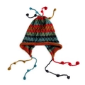 Knitted earflap hat featuring colorful stripes, tassels, and pom-poms on white background - Red