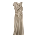 Elegant champagne satin midi dress with a one-shoulder twist design and draped folds - XS / Khaki
