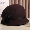 Detail of wool felt cloche hat with leather band, plush pompom and bead embroidery - M(56-58cm) / Purple