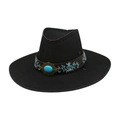 Western black cowboy hat with embroidered floral band and turquoise stone detail - One Size / Black (Wide Leather Embroidery)