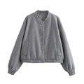 Detailed flat lay of a grey wool texture bomber jacket with silver snap buttons and ribbed trim - S / Gray