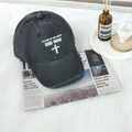 Black washed denim baseball cap featuring white GOD WINS lettering and cross print - One Size / Black