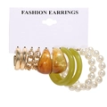 Golden earrings set with pearls and leopard resin charms on a white display card - Amber Grass Green Pearl Set (35)