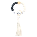 Beaded keychain bracelet featuring black, white, marble beads and a white leather tassel - Style 37 (Black White Marble White Tassel)