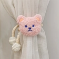 Pink plush bear curtain tieback with golden braided rope and white pearl beads - Light Corn Rope Pink Bear