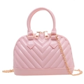 Pink jelly shell bag for kids with V-shaped quilted texture and gold chain strap - Pink