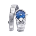 Macro shot of silver snake-shaped watch featuring a blue textured dial and crystal bezel - Silver & Blue