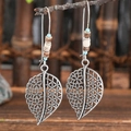 Bohemian retro silver leaf earrings with turquoise beads in a hollowed design - Hollow Leaf Floral Totem (S1835)