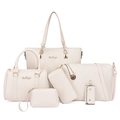 6-piece cream lychee texture handbag set including tote and shoulder bags with gold hardware - White