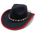 Cappello da cowboy nero con bordo all'uncinetto rosso e fascia etnica con stelle - M (56-58cm) / Nero