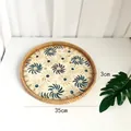 35cm round rattan tray featuring a blue swirl floral pattern and natural handwoven texture - Blue & White Flower / Large 35*3cm