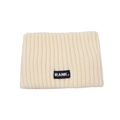 Close-up of cream knitted headband featuring a black rectangular GRANK letter patch - White