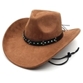 Brown faux suede western cowboy hat with ethnic beaded band and adjustable chin strap - M(56-58cm) / Khaki