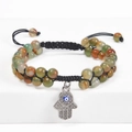 Close-up of beaded Hamsa and Evil Eye bracelet with natural agate stones on white stand - Natural Multi-Colored Agate Round Beads Style (Style-5)