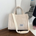 Bolso tote de pana beige con asa superior y correa de lona blanca desmontable - Blanco Roto