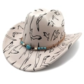 Off-white cowboy hat with black bird prints and beaded turquoise ethnic band - M (56-58cm) / Flat Top Beige