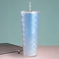 Blue glitter mermaid fish scale tumbler with double-wall plastic design and reusable straw - 24oz / Gradient Blue