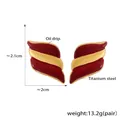 Golden titanium steel wing earrings with red oil drip finish and wavy texture design - Red Gold Style (F1568)