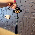 Cartoon Black Myth Monkey King keychain with black gourd bead and golden crown charm - Wukong Gourd Pendant - Black