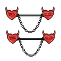 Black stainless steel nipple rings with red devil hearts and chains featuring lettering - Horn Nipple Rings Pair 1.6x16mm