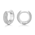 Close-up of silver-tone hoop earrings with pave set white cubic zirconia crystals - Geometric Hoop / Silver
