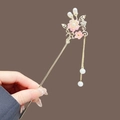 Golden magnolia hair stick with pink flower and pearl tassel in hand - Rhinestone Pink Peach Blossom