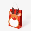 Sacchetto regalo di Natale rosso con renna cartoon e manici in corda bianca - Renna Rossa / 16x8x21cm
