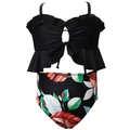 Maillot de bain deux pièces fille avec haut à volants noir et bas à motif tropical de feuilles - 152 / Noir Cordon
