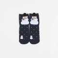 Dark blue cotton socks featuring festive snowman patterns and white polka dots - One Size / Snowflake Navy Blue