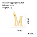 Detail showing 10mm golden letter M pendant dimensions and copper gold plated material info - Letter M