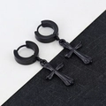 Detail shot of matte black stainless steel huggie hoop earrings with cross pendants - Four-Pointed Star - Black