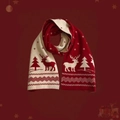 Winter festive red and cream knitted scarf featuring reindeer and Christmas tree patterns - Red Reindeer