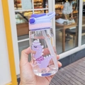 Transparent plastic kids straw cup with cute purple dinosaur pattern and pink lid - 16oz / Dino Purple