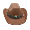 Brown felt cowboy hat featuring ethnic beads, turquoise center, and pink tassels - Ethnic Style Decor / Khaki