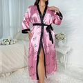 Plus size pink satin long robe with black heart and love prints and belt - Pink LOVE