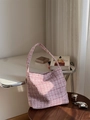 Detail of pink and white tweed tote bag with Simple Wish label on wooden stool - Light Pink