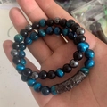 Blue and black tiger eye stone beaded bracelets set with silver carved tube charm - Lake Blue Tiger Eye