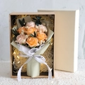 Soap flower bouquet with 7 roses and LED lights in a gift box with a white ribbon - Gift Box without String Lights / Champagne