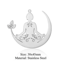 Silver stainless steel yoga meditation silhouette pendant with moon and leaves design - Moon Yoga Style (LA331) / 5 Pieces / Silver